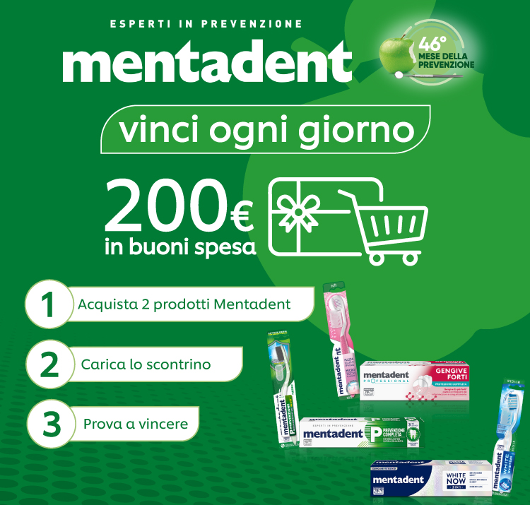 Immagine smartphone col titolo della meccanica Concorso La prevenzione che vale: Con l'acquisto di 2 prodotti mentadent a scelta e prova a vincere ogni giorno un buono spesa da 200€