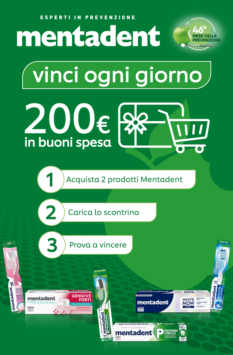 Immagine desktop col titolo della meccanica Concorso La prevenzione che vale: Con l'acquisto di 2 prodotti mentadent a scelta e prova a vincere ogni giorno un buono spesa da 200€